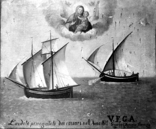 Il veliero Ardito perseguitato dai corsari, Madonna dei Martiri con Bambino, due velieri (ex voto) - produzione pugliese (sec. XIX)