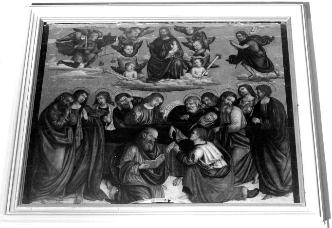 Dormitio Virginis, Madonna, Apostoli, Cristo psicophoros, San Michele Arcangelo, San Giovanni Battista, angeli (dipinto) - ambito napoletano (primo quarto sec. XVI)