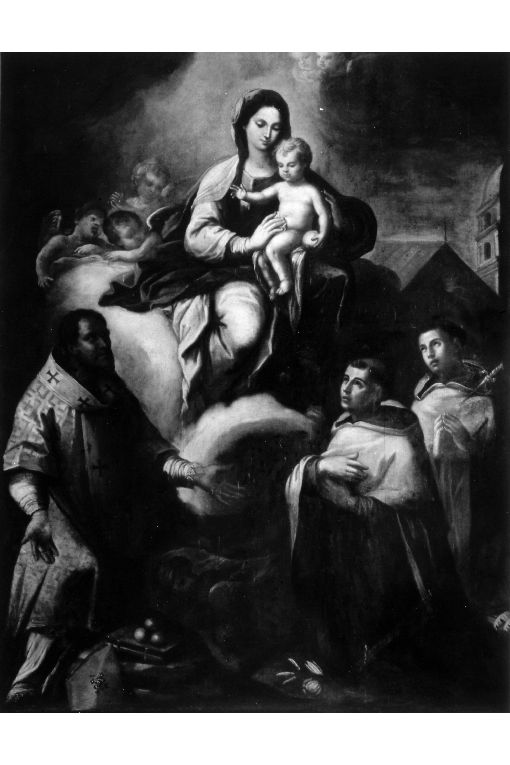 Madonna con Bambino tra san Nicola di Mira sant'Angelo e sant'Alberto (dipinto) di Bianco Diego Oronzo (secondo quarto sec. XVIII)