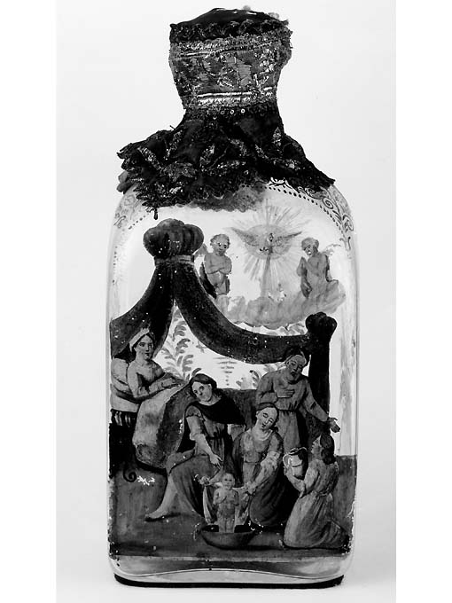 San Nicola di Myra, appena nato, si alza in piedi nel bacile (ampolla di pellegrinaggio) di Montrone Michele (sec. XIX)