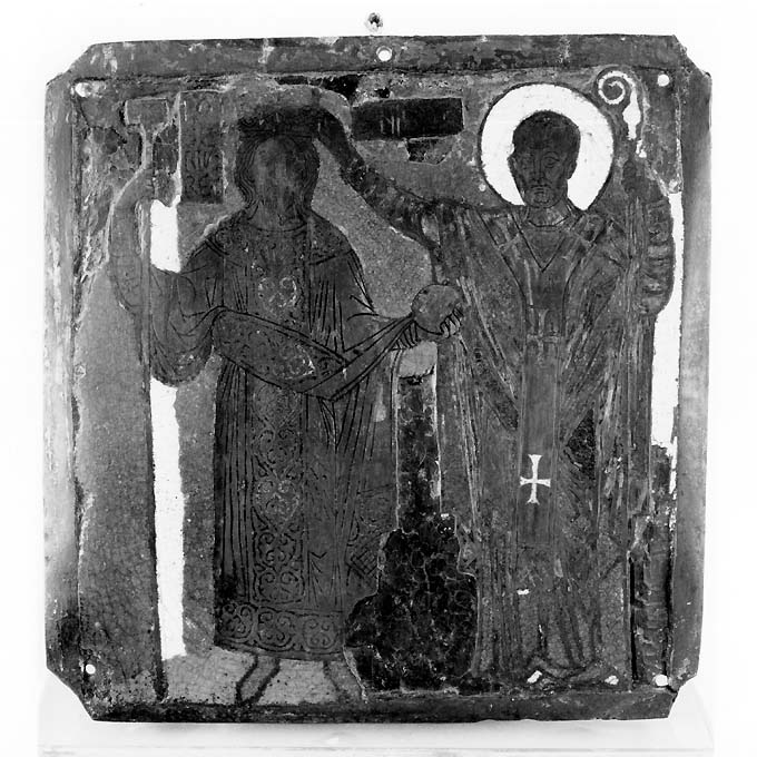 San Nicola che incorona Ruggero II il Normanno (formella) - manifattura limosina (seconda metà sec. XIII)