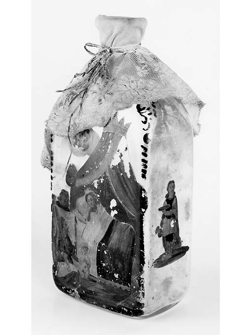 San Nicola di Myra, appena nato, si alza in piedi nel bacile (ampolla di pellegrinaggio) - produzione muranese-pugliese (seconda metà sec. XIX)