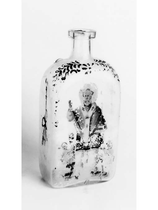 San Nicola di Myra benedicente con Adeodato e i tre bambini (ampolla di pellegrinaggio) - produzione muranese-pugliese (prima metà sec. XIX)