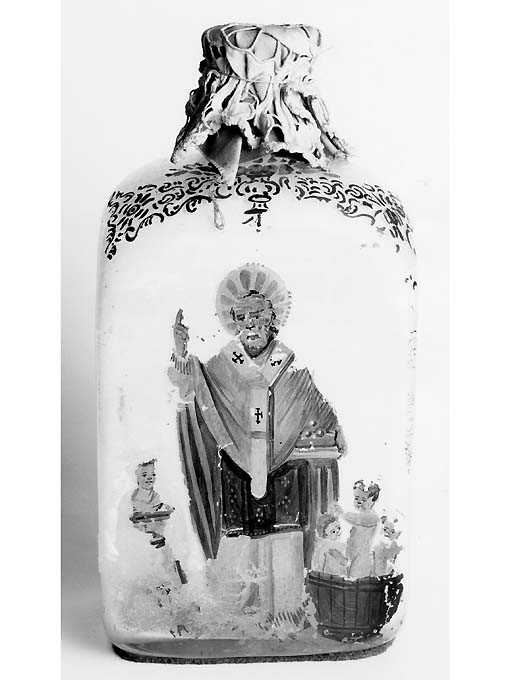San Nicola di Myra benedicente; Adeodato; i tre bambini (ampolla di pellegrinaggio) - produzione muranese-pugliese (prima metà sec. XIX)