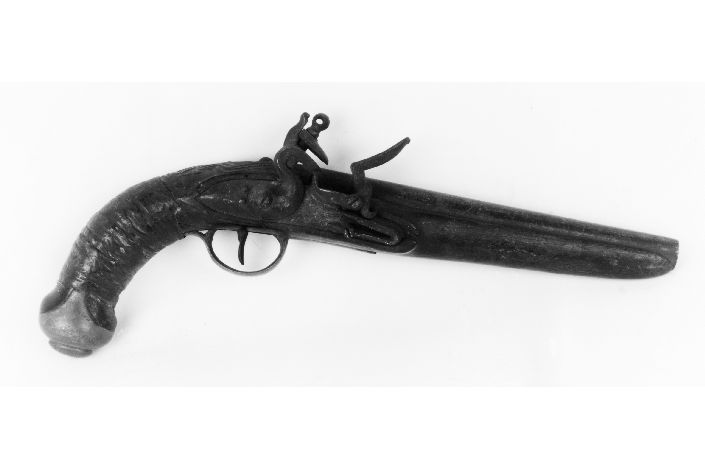 pistola a pietra focaia, opera isolata - produzione francese (?) (terzo quarto sec. XVIII)