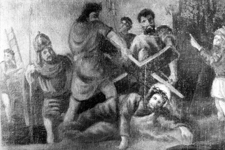 stazione IX: Gesù cade sotto la croce la terza volta (dipinto) di Lillo Saverio (scuola) (seconda metà sec. XVIII)