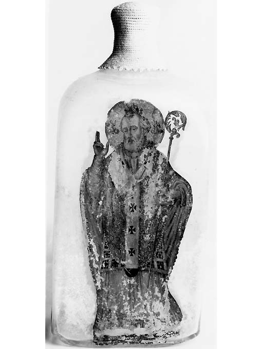 San Nicola di Bari benedicente con Adeodato e i tre bambini (ampolla di pellegrinaggio) - manifattura pugliese, manifattura muranese (sec. XIX)