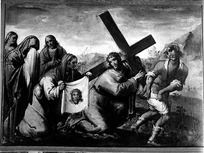 stazione VI: Gesù asciugato dalla Veronica (dipinto) di Bordone Andrea (prima metà sec. XVII)