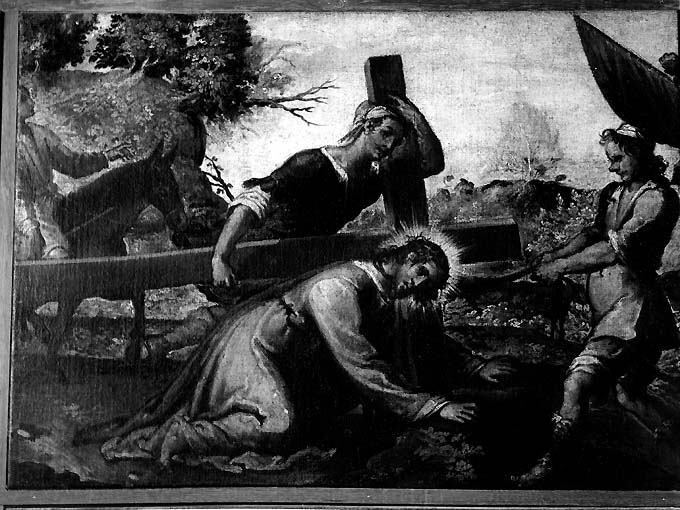 stazione VII: Gesù cade sotto la croce la seconda volta (dipinto) di Bordone Andrea (prima metà sec. XVII)