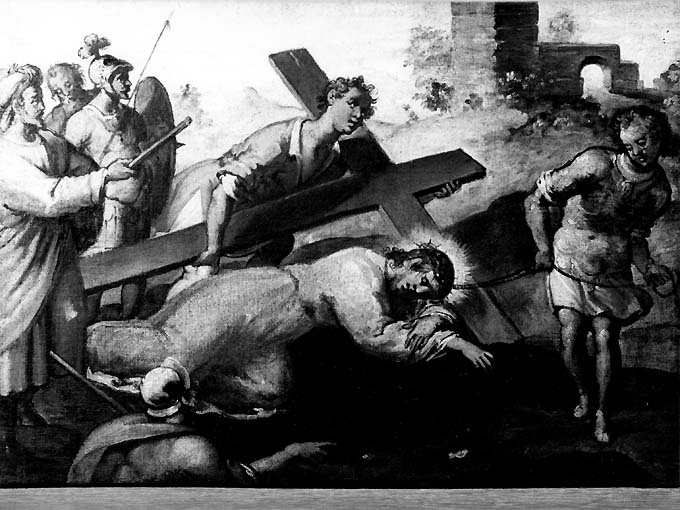 stazione IX: Gesù cade sotto la croce la terza volta (dipinto) di Bordone Andrea (prima metà sec. XVII)