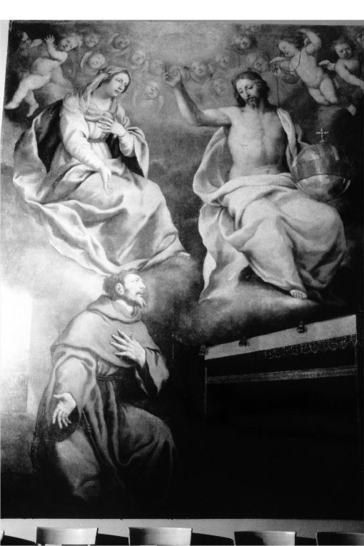 Il Miracolo della Porziuncola, visione di San Francesco d'Assisi alla Porziuncola (dipinto) di Fracanzano Cesare (sec. XVII)