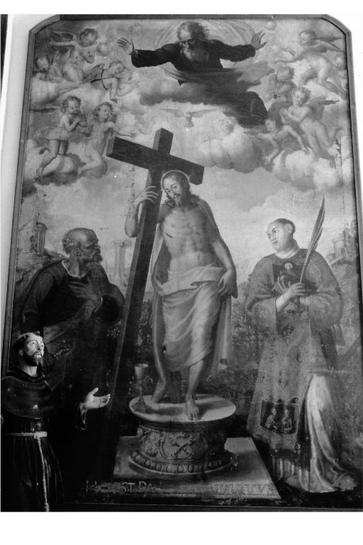 Cristo risorto con santi e Dio Padre (dipinto) di Bordone Andrea (sec. XVI)