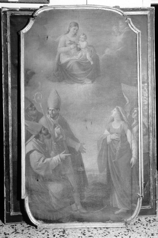 Madonna con Bambino, uccellino, sant'Orsola, san Bernardino e altri santi (dipinto) - ambito pugliese (sec. XVIII)