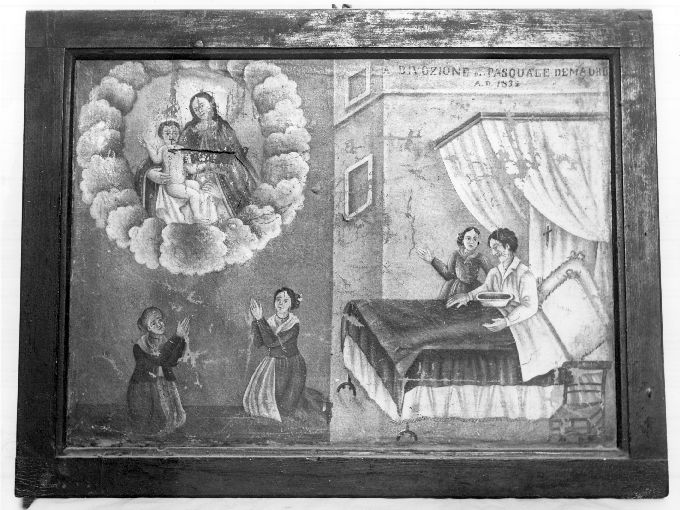 Apparizione della Madonna di Monteverde ad un moribondo e due donne, Apparizione della Madonna con Bambino ad un moribondo e due donne (ex voto) - ambito pugliese (sec. XIX)