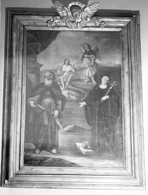 Tobia, l'Arcangelo Gabriele, Santa Rita e Padre della Chiesa (dipinto) di Quercia G. P (sec. XVIII)