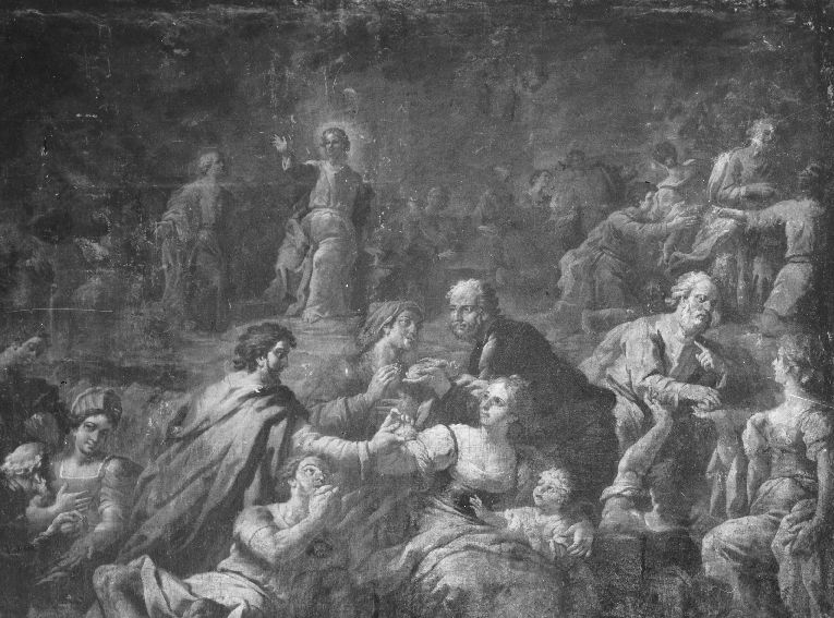 La Moltiplicazione dei pani, moltiplicazione dei pani e dei pesci (dipinto) di De Filippis Giuseppe (attribuito) (sec. XVII)