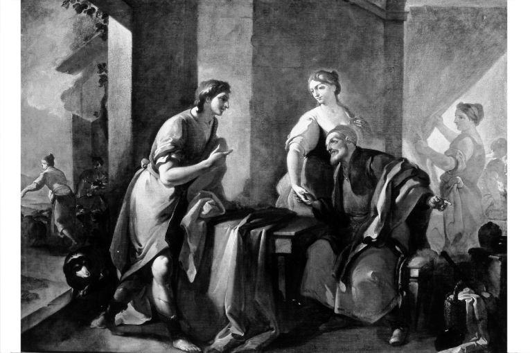 Giacobbe chiede in sposa Rachele a Labano (dipinto) di Tiso Oronzo (seconda metà sec. XVIII)
