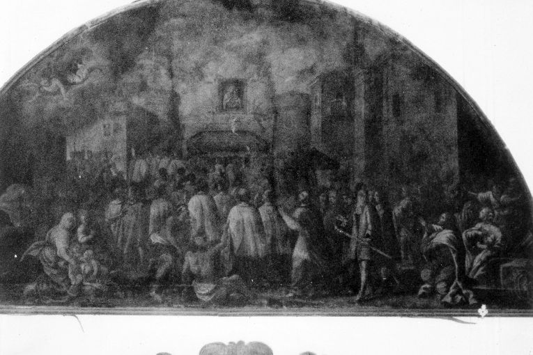 Arrivo della Madonna della Madia, Folla di personaggi, immagine della Madonna, architetture (dipinto) - ambito pugliese (sec. XVII)