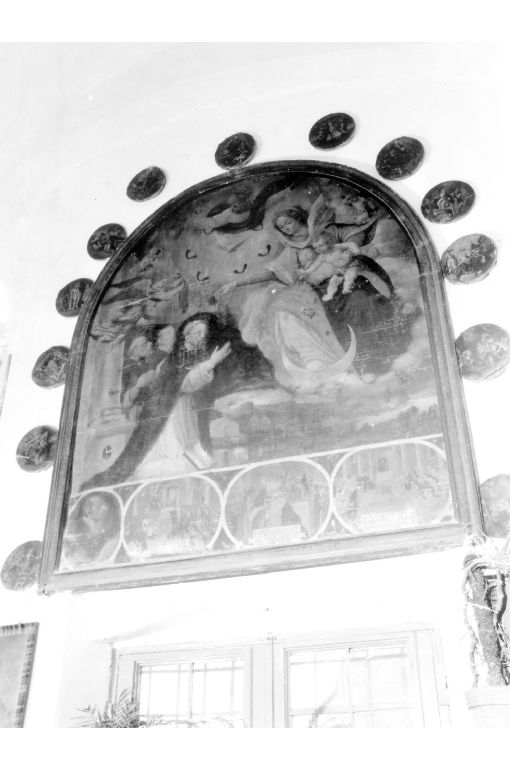 Visione di san Domenico, Padre Eterno, Madonna del Rosario con Bambino, putti, san Domenico (dipinto) - ambito pugliese (sec. XVI)