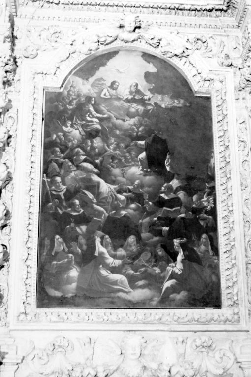 Incoronazione di San Domenico, Dio Padre, san Domenico, santi dell'Ordine domenicano, san Pio V, angeli (dipinto) - ambito pugliese (prima metà sec. XVIII)