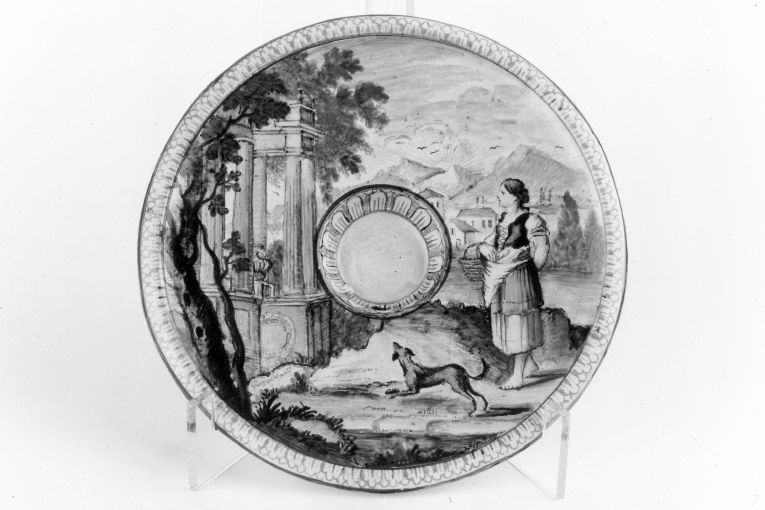 Paesaggio con rovine e figura femminile (portachicchera) - bottega di Castelli (sec. XVIII)