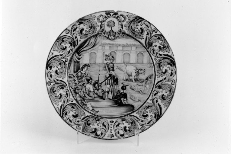 Combattimento nel circo (piatto da pompa) - bottega di Castelli (sec. XVII)