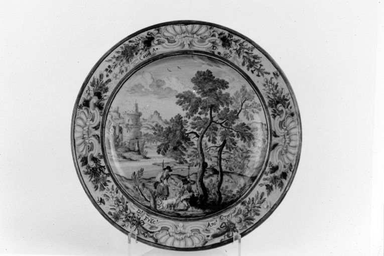 Paesaggio con pastori (piatto da pompa) di Grue Francesco Antonio Saverio (sec. XVII)