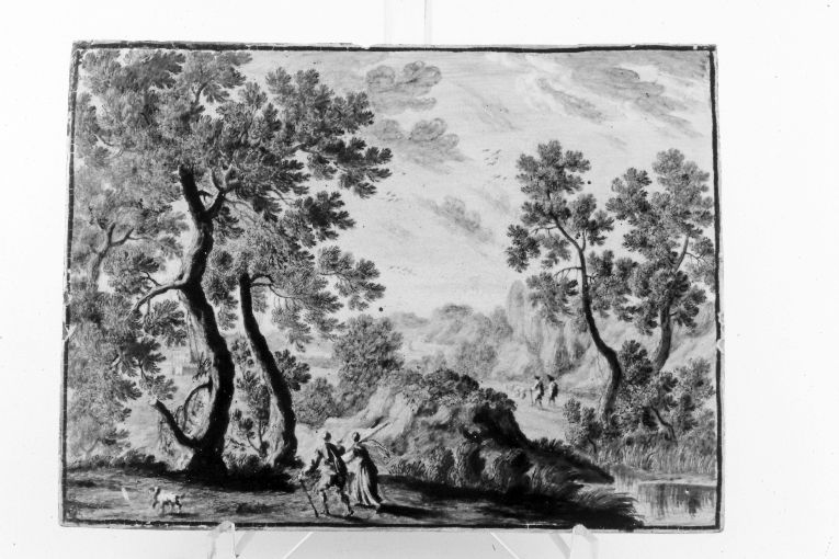 Paesaggio con pastori (targa) - bottega di Castelli (sec. XVII)