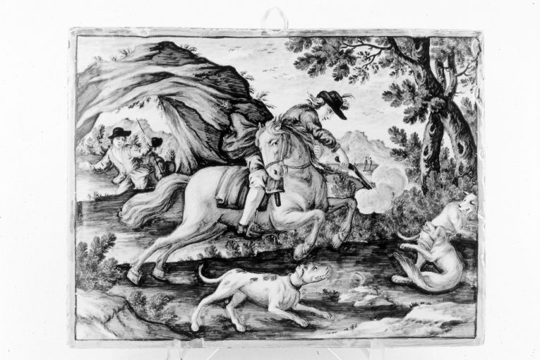 Scena di caccia (targa) - bottega di Castelli (sec. XVII)