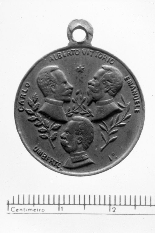 Ritratti di Carlo Alberto, Vittorio Emanuele II e Umberto I(recto) (medaglia) - ambito piemontese (sec. XIX)