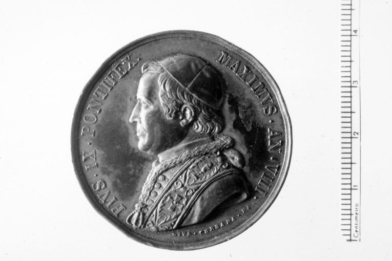 Ritratto di Pio IX papa (recto)/ / Sala del Museo Lateranense (verso) (medaglia) - ambito romano (sec. XIX)