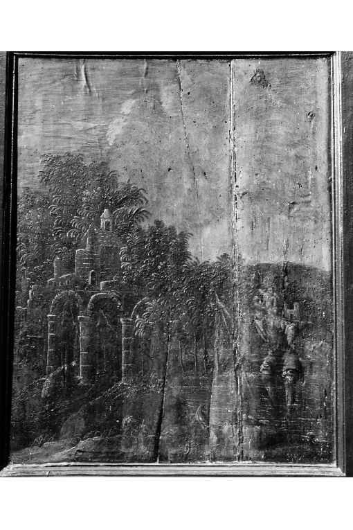 San Cristoforo guada il fiume con Gesù Bambino sulle spalle (schienale di stallo di coro) di Matteo da Noha (sec. XVIII)