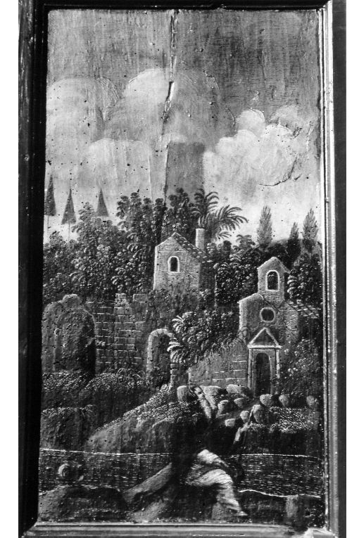 Santo pellegrino (schienale di stallo di coro) di Matteo da Noha (sec. XVIII)