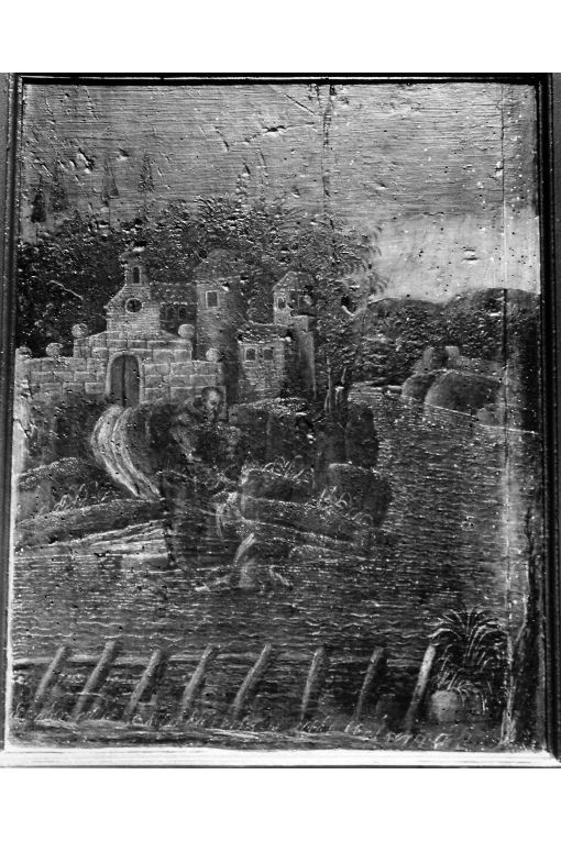 Santo francescano comunica un penitente (schienale di stallo di coro) di Matteo da Noha (sec. XVIII)