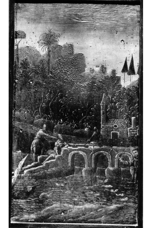 Sant'Antonio da Padova predica ai pesci (schienale di stallo di coro) di Matteo da Noha (sec. XVIII)