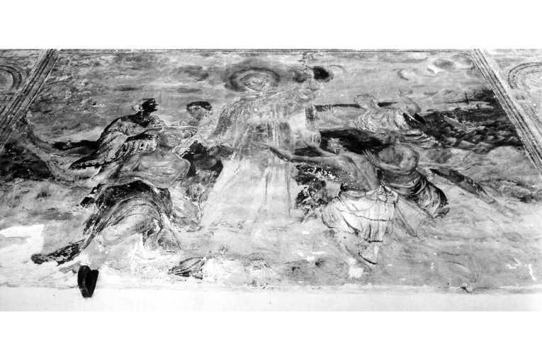 Santo francescano mostra il Crocifisso ad alcune figure virili (dipinto) di fra' Giuseppe da Gravina (sec. XVII)