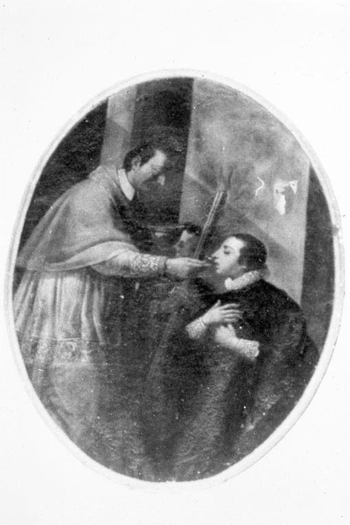 San Luigi Gonzaga riceve la comunione da san Carlo Borromeo (dipinto) - ambito salentino (sec. XVIII)