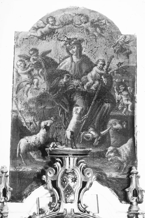 Madonna Pastorella, Madonna in trono sotto greggi di armenti (dipinto, opera isolata) - ambito leccese (secc. XVI/ XVII)