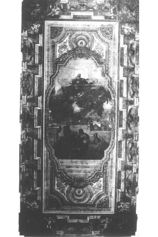 La Porziuncola, Immacolata Concezione, san Francesco d'Assisi, santa Chiara, santa Caterina d'Alessandria, santa Caterina da Siena, sant'Orsola (?), santa Barba ra (?) (soffitto dipinto, opera isolata) - ambito napoletano (prima metà sec. XVIII)