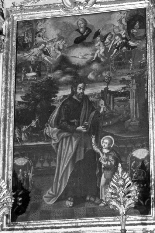 San Giuseppe con Gesù Bambino e scene della vita (dipinto) di D'Orlando Donato Antonio (fine/inizio secc. XVI/ XVII)