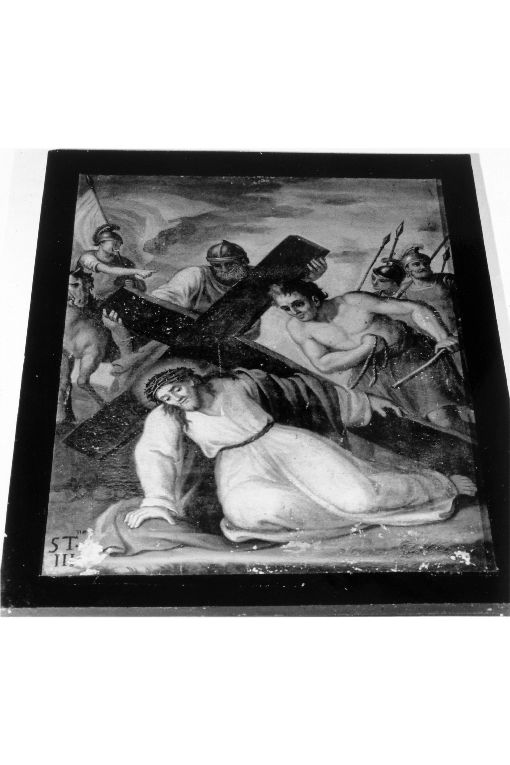 stazione III: Gesù cade sotto la croce la prima volta (dipinto) - ambito salentino (sec. XIX)