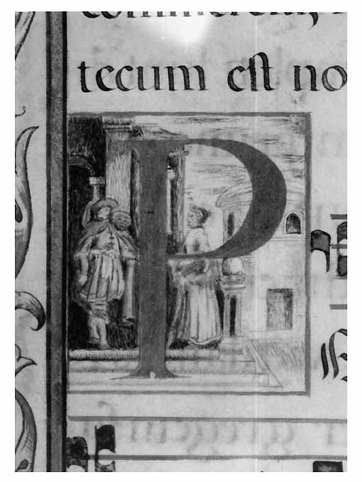 Figure maschili in abiti seicenteschi a colloquio, architetture (miniatura) - ambito pugliese (sec. XVII)