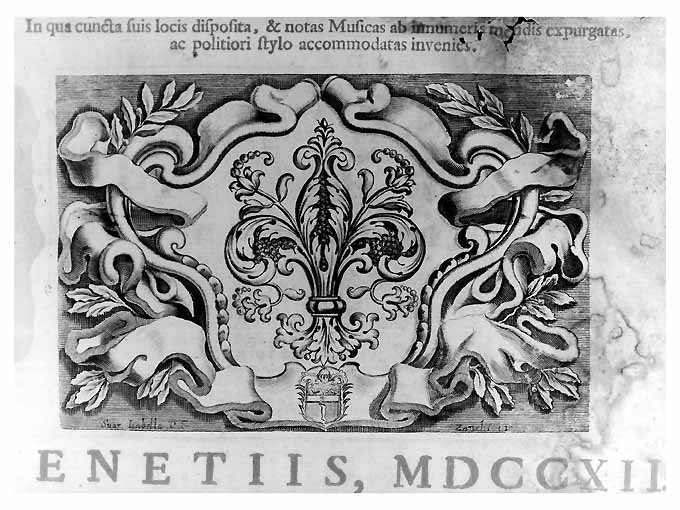 cartiglio con fleur de lys e arme gentilizia (stampa) di Piccini Isabella, Zanchi Francesco (attribuito) (sec. XVIII)