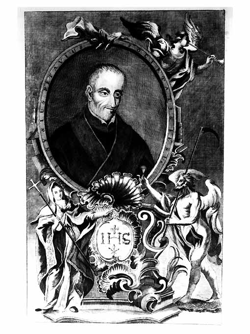 ritratto di Dionysius Petavius con figure allegoriche del Tempo, della Fede e monogramma eucaristico IHS (stampa) - ambito veneziano (sec. XVIII)