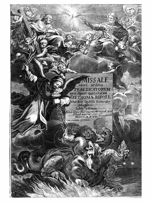 Dio Padre, Cristo e San Domenico (stampa) di Moncornet F.T (sec. XVIII)