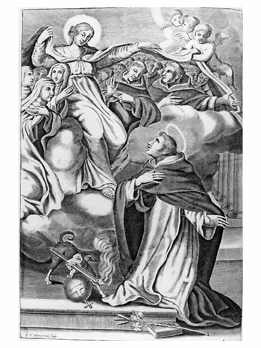 Madonna, San Domenico e frati domenicani (stampa) di Moncornet F.T (sec. XVIII)