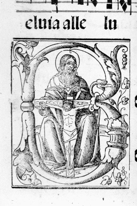 iniziale B istoriata con Trinità (stampa) - produzione Italia meridionale (secc. XVI/ XVII)