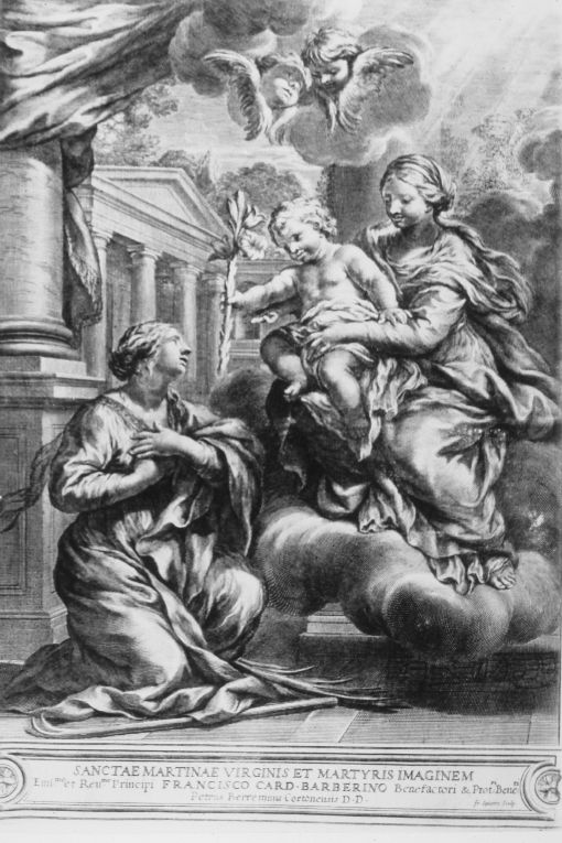 La Madonna con Bambino appare a santa Martina (stampa) di Berrettini Pietro detto Pietro da Cortona, Spierre Francoise (terzo quarto sec. XVII)