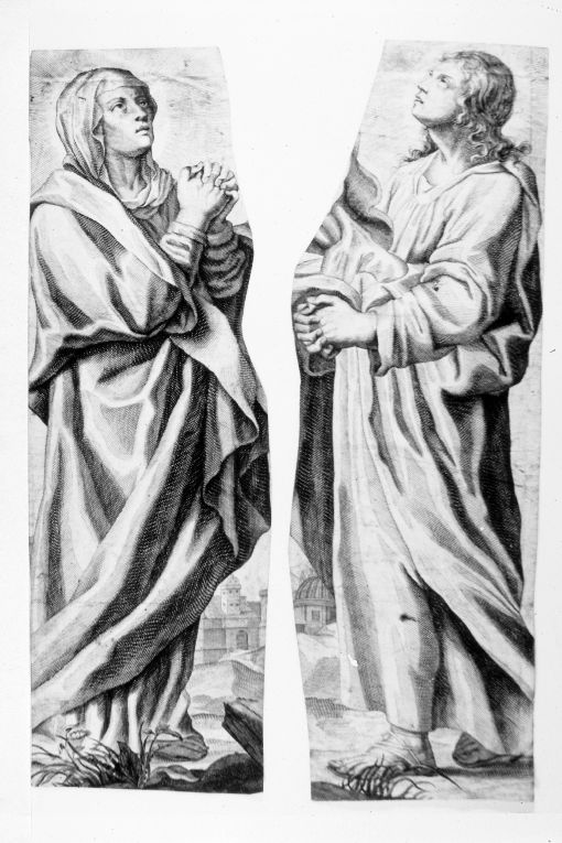 Madonna, San Giovanni Battista (stampa colorata a mano smarginata) - ambito italiano (sec. XVII)