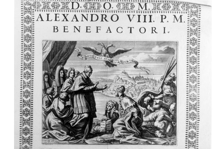 Papa Alessandro VIII riceve il Doge di Venezia (stampa) di Dorigny Nicolas, Gaulli Giovanni Battista detto Baciccio (sec. XVII)